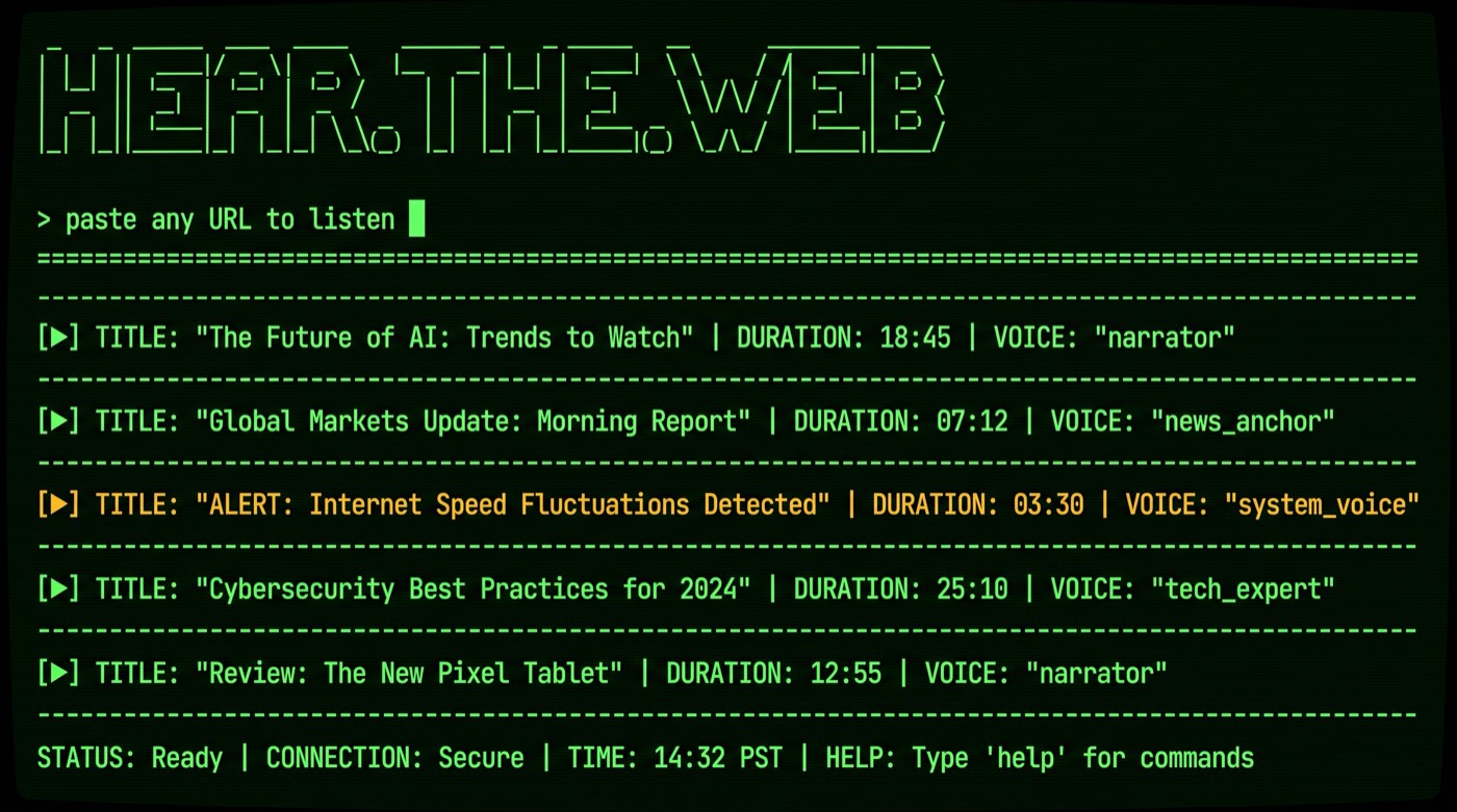 Hear The Web terminal interface showing recent articles and voice selection